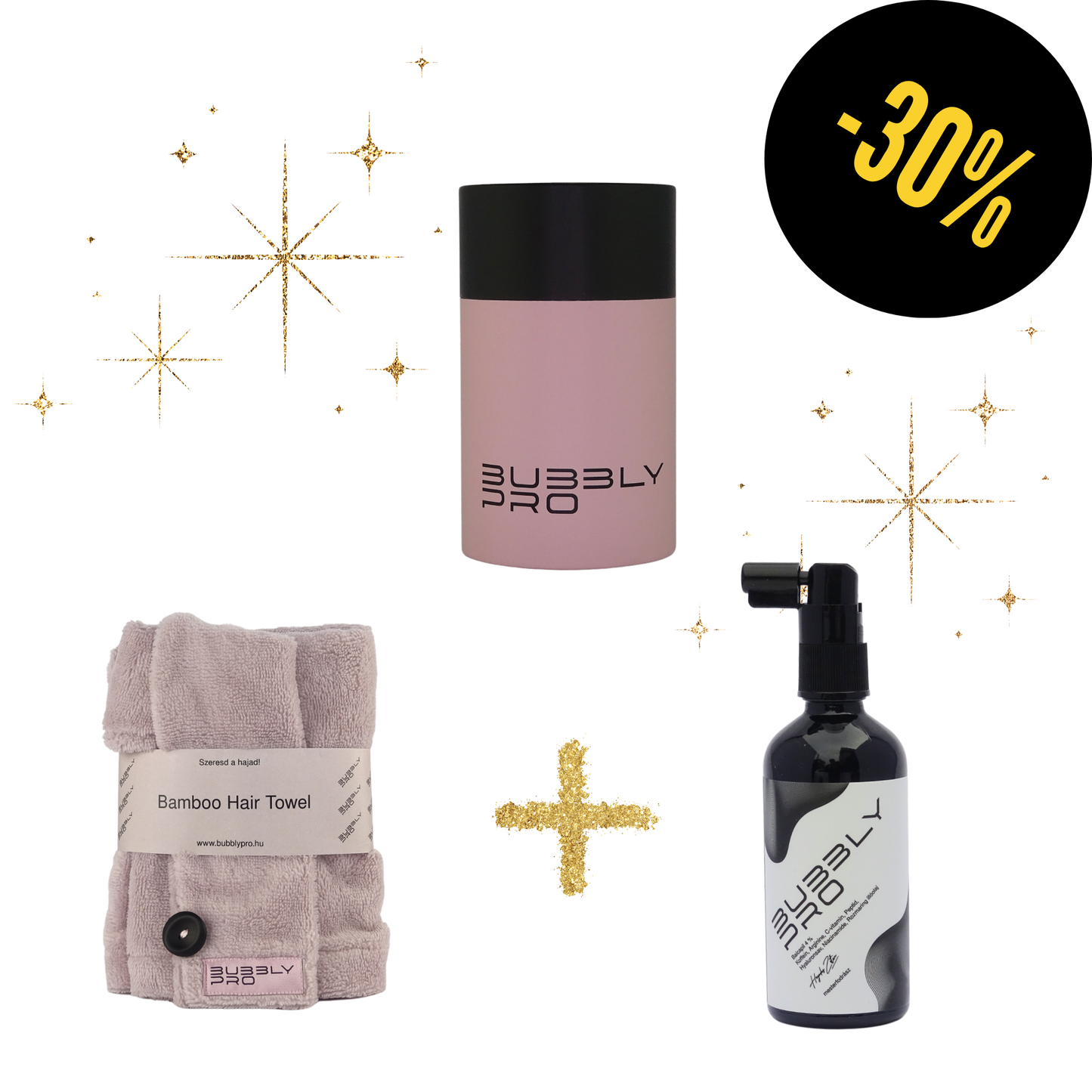 BubblyPro Bambusz RÓZSASZÍN hajtörölköző + Hajnövesztő és erősítő szérum - PINK dobozban!