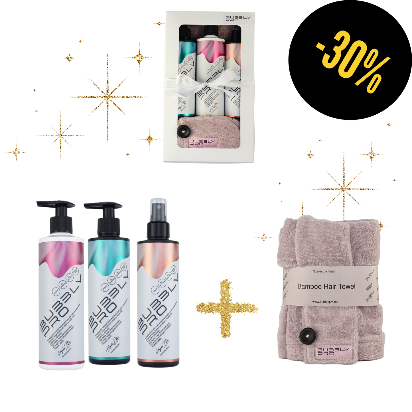 BubblyPro Maxipack REPAIR sampon (göndör/szőkített/melírozott/igényebevett/roncsolt hajra)+ rózsaszín törölközővel Ajándék dobozban