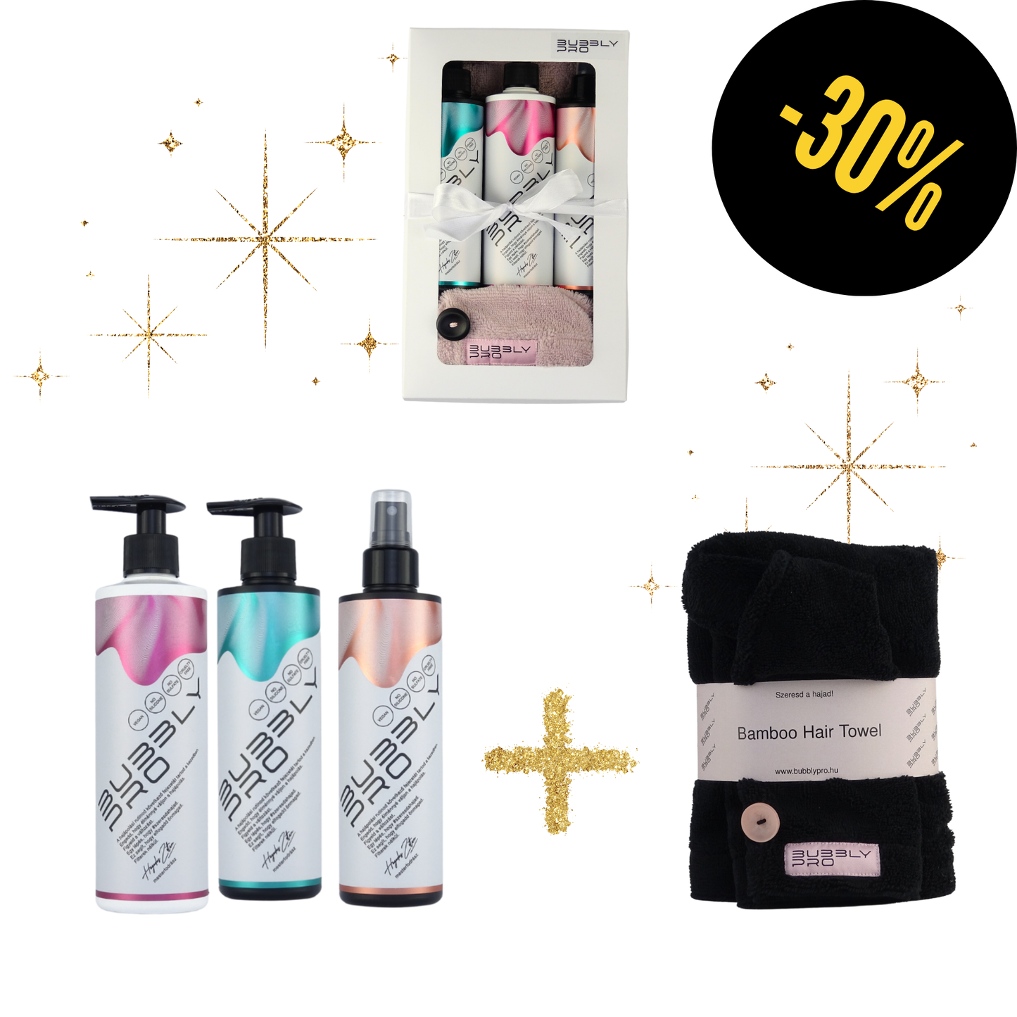 BubblyPro Maxipack REPAIR sampon+ fekete törölközővel Ajándék dobozban