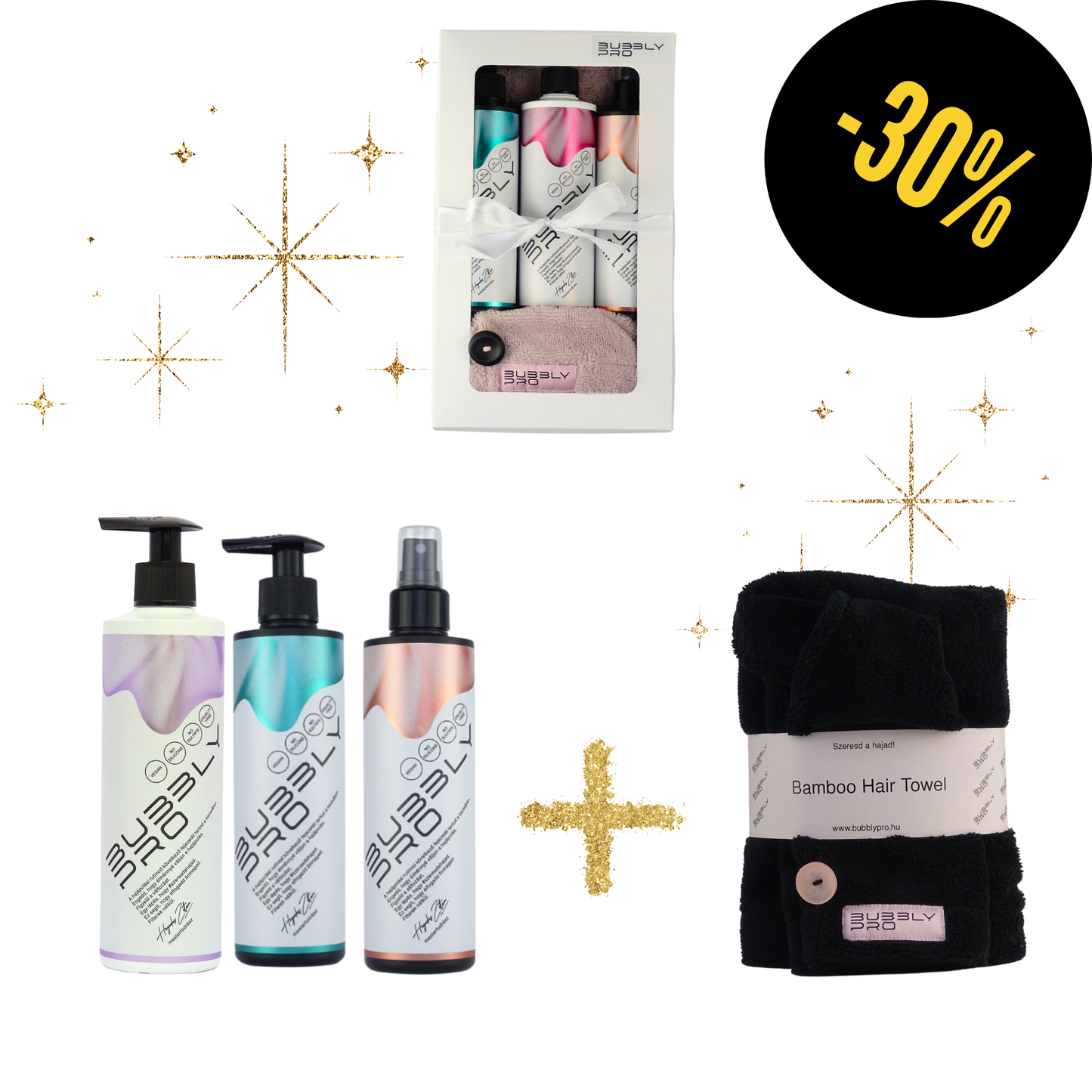 BubblyPro Maxipack VOLUME sampon+fekete törölközővel - Ajándék dobozban