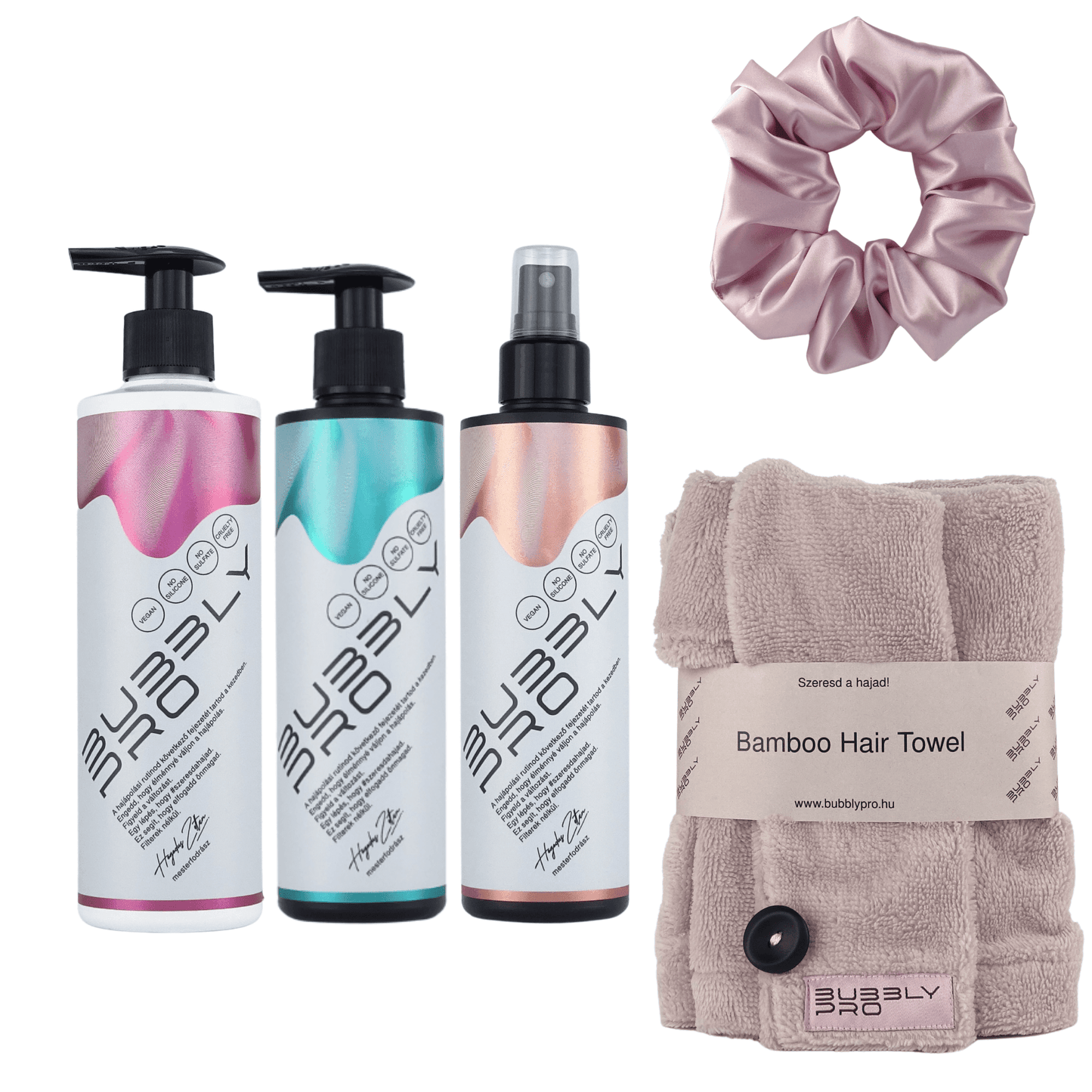 BubblyPro MaxiPack + Jumbo Scrunchie - Sampon, Balzsam-Pakolás, Leave-in Balzsam, Bambusz Hajtörölköző, Óriás Szatén hajgumi