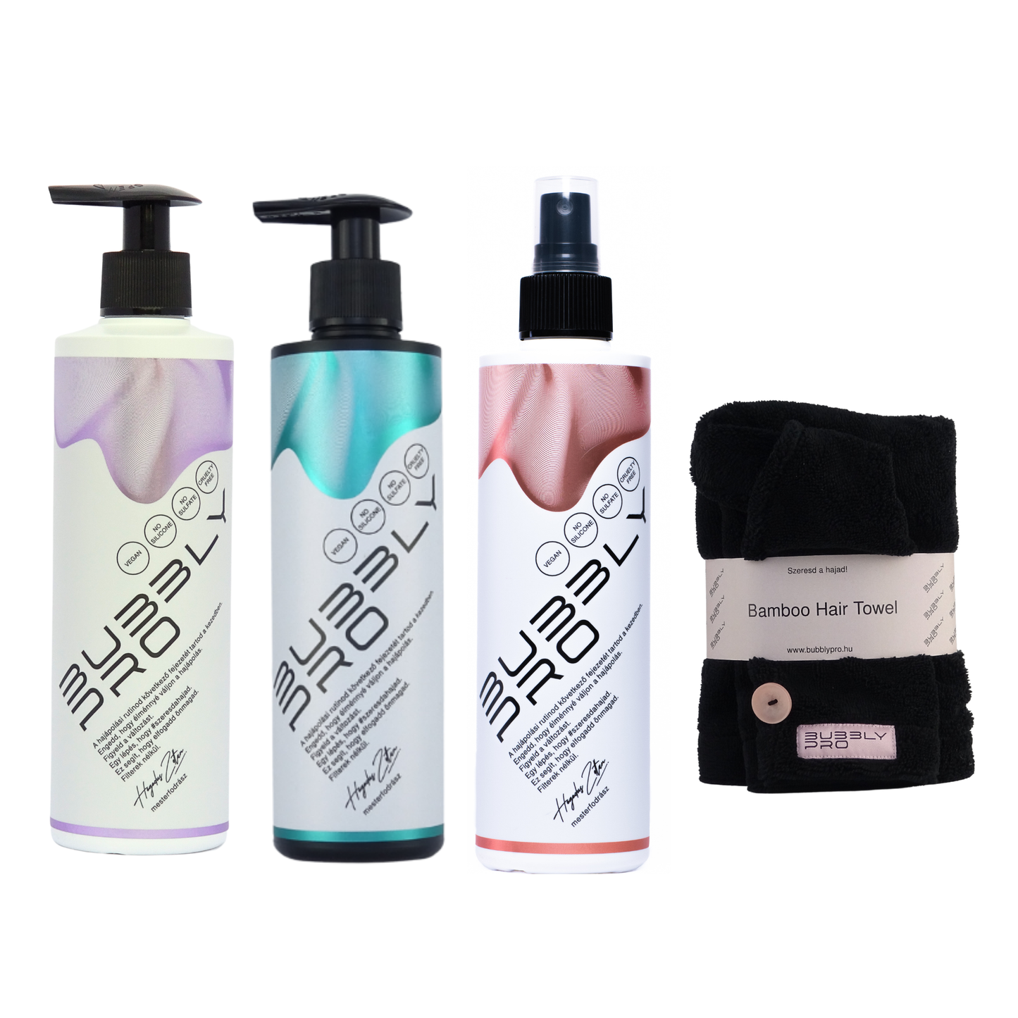 BubblyPro MaxiPack (professzionális sampon +balzsam-pakolás +leave-in balzsam +bambusz hajtörölköző)