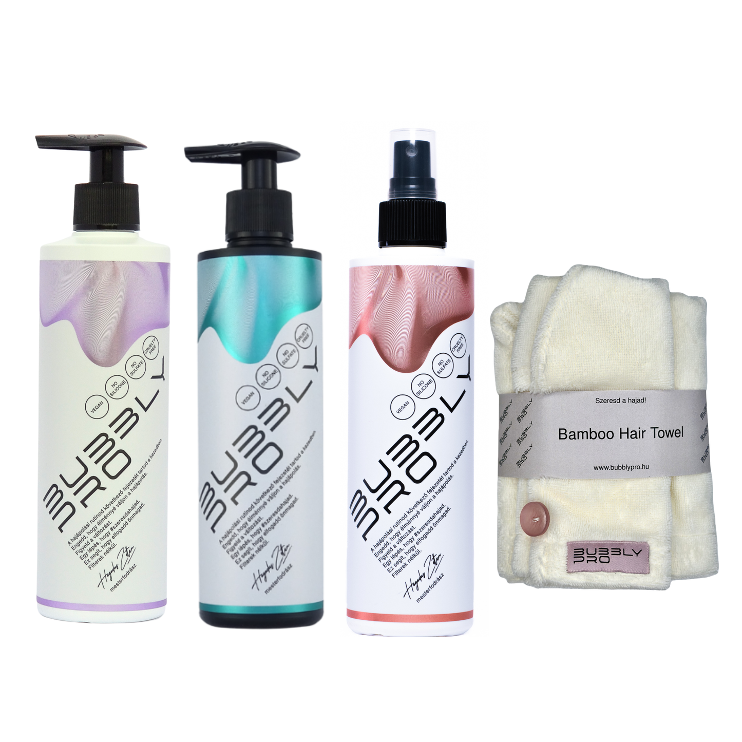 BubblyPro MaxiPack (professzionális sampon +balzsam-pakolás +leave-in balzsam +bambusz hajtörölköző)
