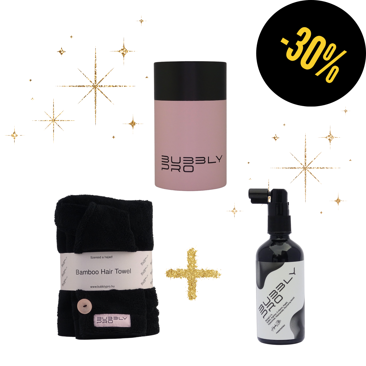 BubblyPro Bambusz FEKETE hajtörölköző + Hajnövesztő és erősítő szérum - PINK dobozban!