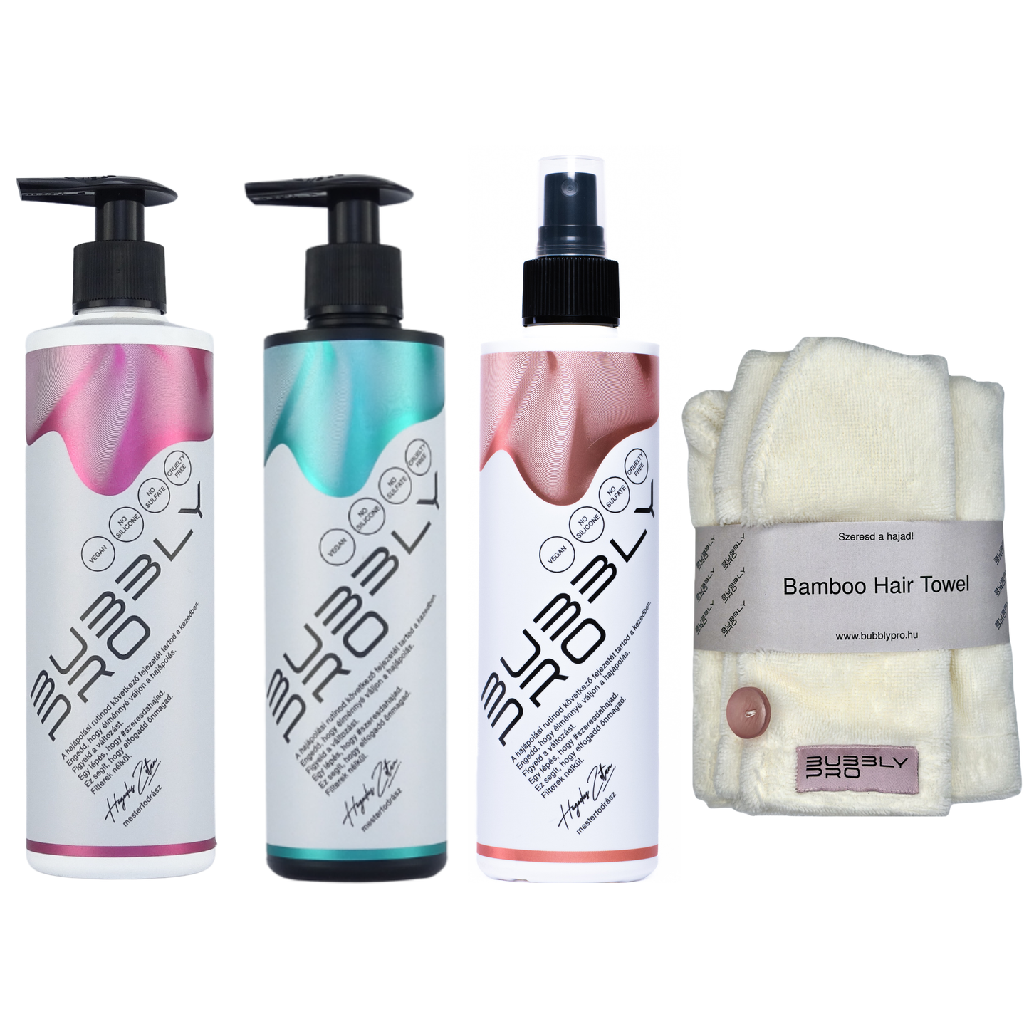 BubblyPro MaxiPack (professzionális sampon +balzsam-pakolás +leave-in balzsam +bambusz hajtörölköző)