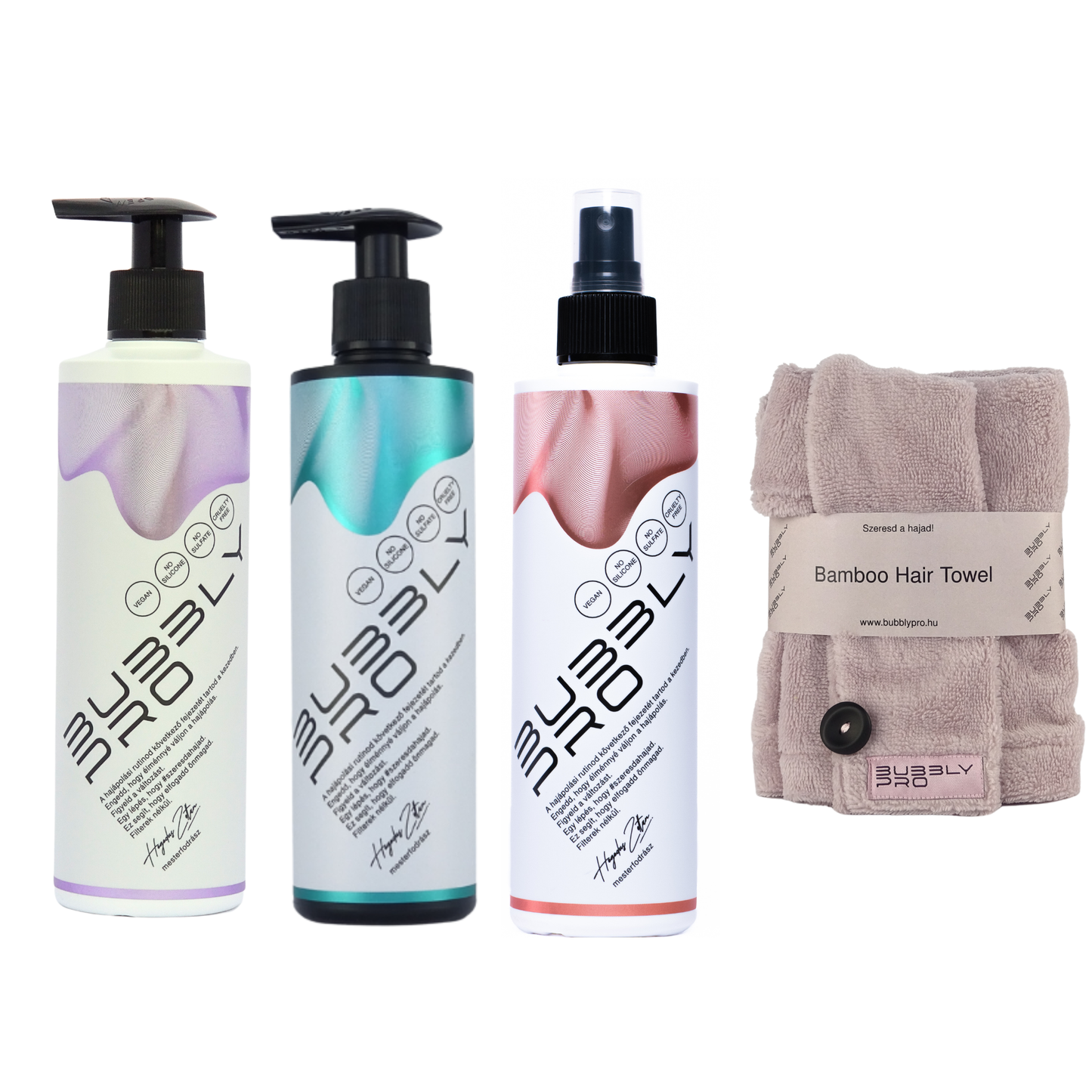 BubblyPro MaxiPack (professzionális sampon +balzsam-pakolás +leave-in balzsam +bambusz hajtörölköző)